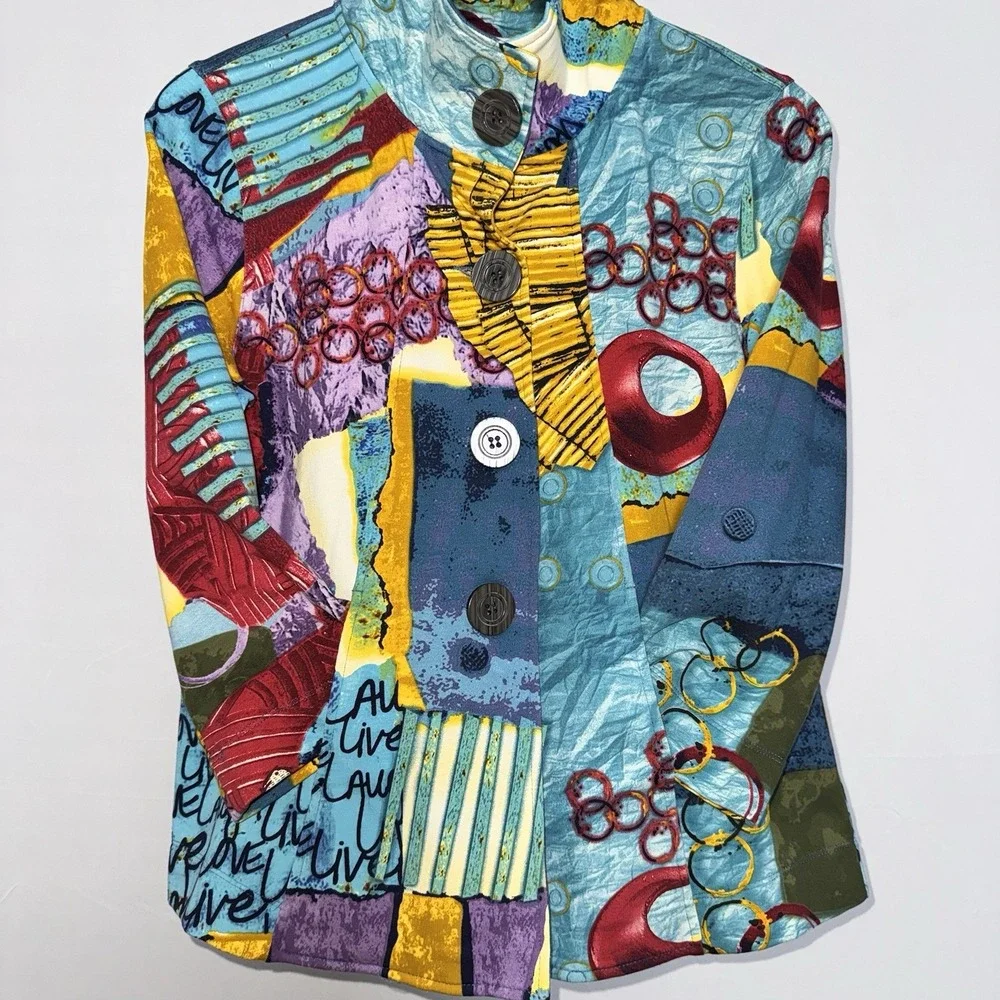 Multiples Abstract Art Print Button‎ Collared Ruffle Pockets Jacket Women's S